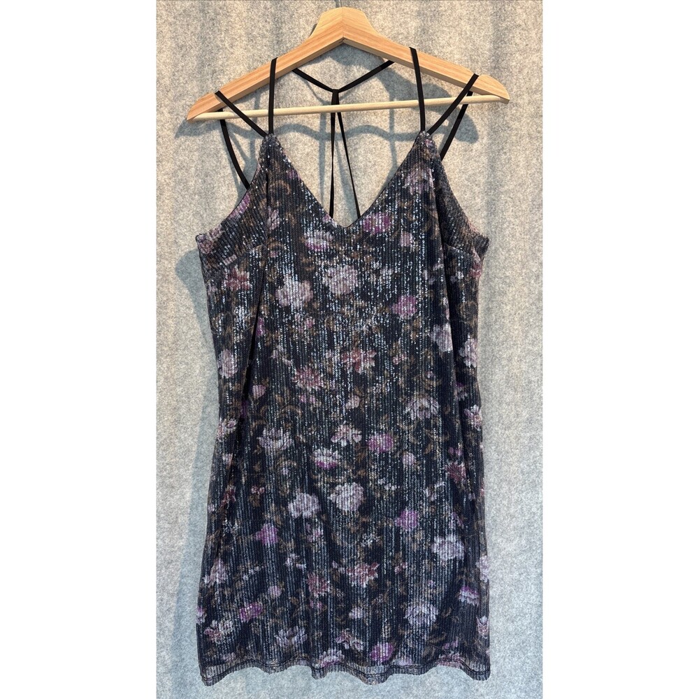 Xhilaration Juniors Black Floral Sequin Sparkly Slip Short Dress Size Small